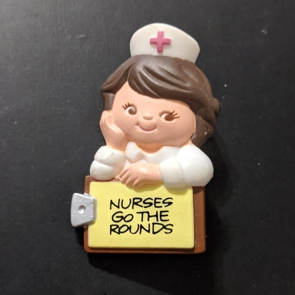 Vintage 1983 Enesco Imports Nurses Go The Rounds Plastic Pin Brooch